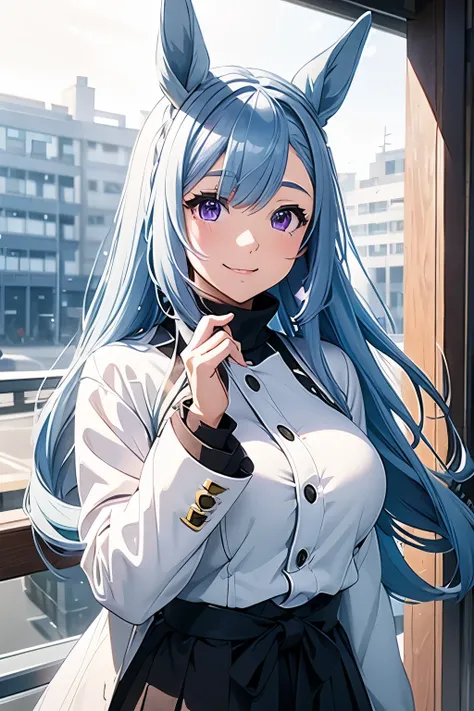 mejiro aldan、uma musume、light blue hair、purple eyes、smile、beautiful skin、horse ears、horse tail、white winter coat、full-breasted b...