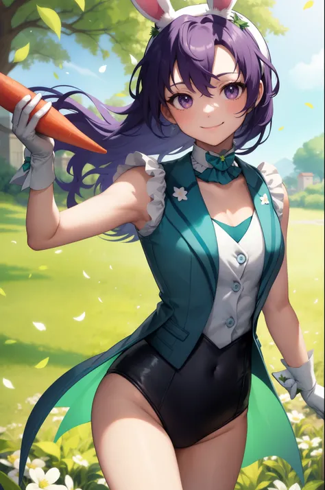 masterpiece, best quality, fefir, fake bunny ears, green leotard, white gloves, bunny tail, looking at viewer, smile, holding a carrot, garden, spring 