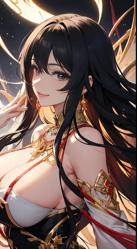 long black hair, black eyes, big breasts, big ass, red necklace, fantasy, naughty smile, detailed face features, vibrant colors, glowing background, ethereal atmosphere, intricate details, shiny hair strands, alluring gaze, magical aura, flowing dress, dre...