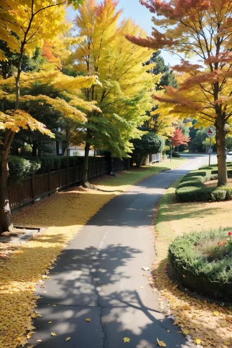 The colors of autumn unfold like a scroll，The green leaves slowly turn yellow、red、Brown and other colors，Like nature’s palette。A fresh breeze blows，Fallen leaves，As if colorful butterflies are dancing，Dancing autumn flowers。