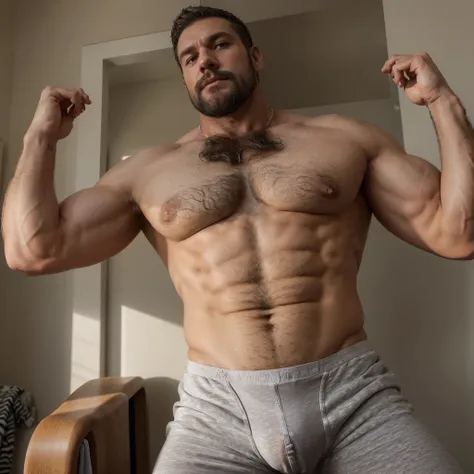 Muscular cowboy man, manly, bearded, very hairy, sexy cold stare, with cowboy hat, big pecs, bigger chest, sexy body, big legs, big biceps, big arms, shirtless, sweaty, hot, horny, very horny, erotic, older, age 60, gray colored hair, furry chest, chest fu...