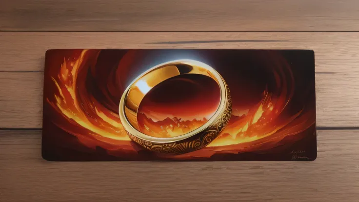 Close up of painted ring on wooden surface, lord of the ring art, lord of the ring, One ring rules everything, ring of fire, lord of the rings style, middle earth landscape, ring of fire inspired, ring fan art, lord of the rings, eye of sauron, middle eart...