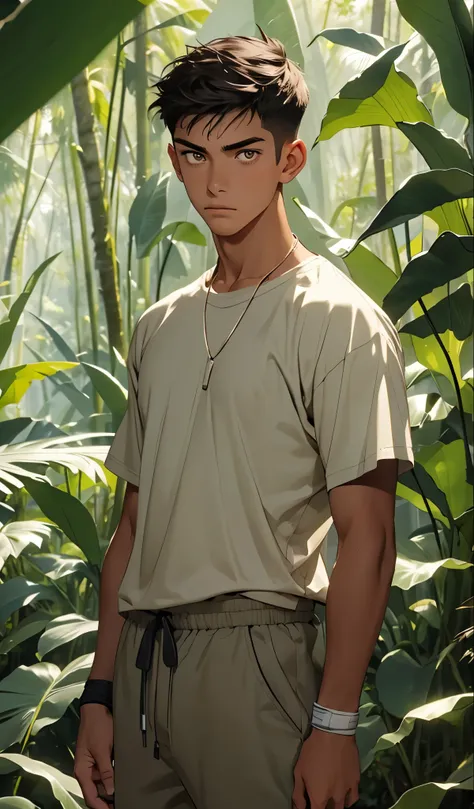 1 boy,tall and strong,perfect male figure, eyes looking at camera.(sports student), ((tanned skin)),Buzz cut,Bandage wrist guards，Feather necklace,serious expression, standing in forest,Rainforest,Ray tracing，glowing eyes