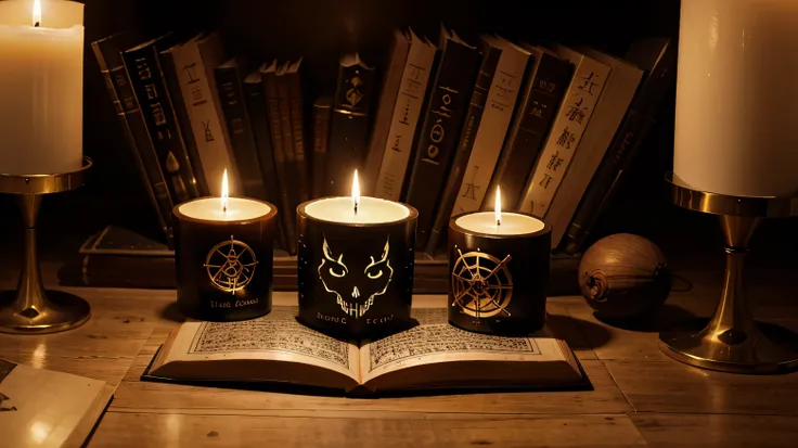 occult book on a pedestal, candles around, mysterious monsters drawings on the page of the book, dim lighting,