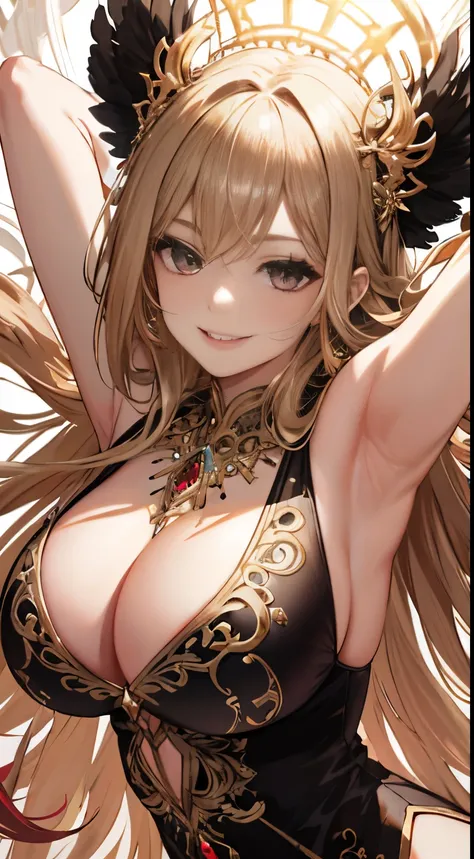 long brown blonde hair, black eyes, big breasts, big ass, red necklace, fantasy, naughty smile, detailed face features, vibrant colors, glowing background, ethereal atmosphere, intricate details, shiny hair strands, alluring gaze, magical aura, flowing dre...