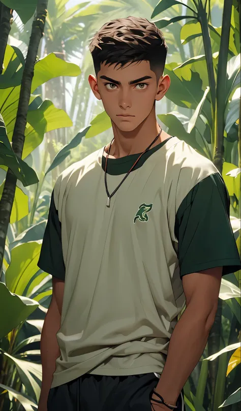 1 boy,tall and strong,perfect male figure, eyes looking at camera.(sports student), ((tanned skin)),Buzz cut,Bandage wrist guards，Feather necklace,serious expression, standing in forest,Rainforest,Ray tracing，glowing eyes