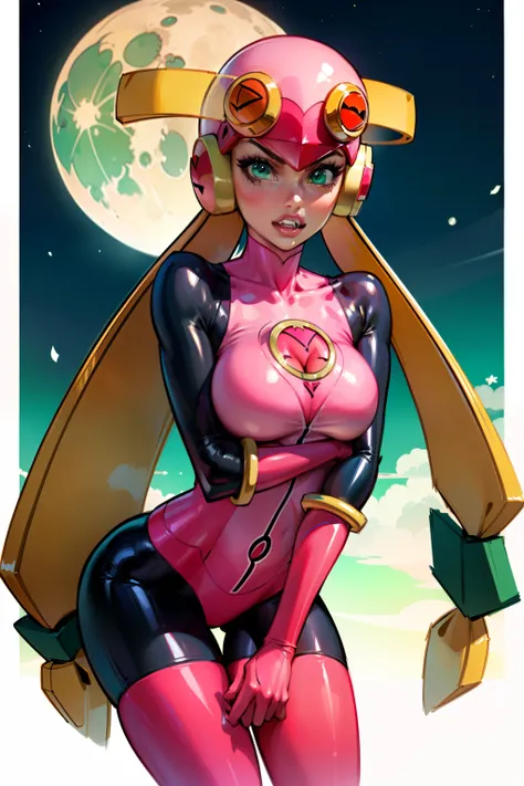 waifu, masterpiece, curvy, breasts, moon, full moon, gloves, 1girl, clenched teeth, cleavage, large roll_exe_megamanbn,(helmet),...