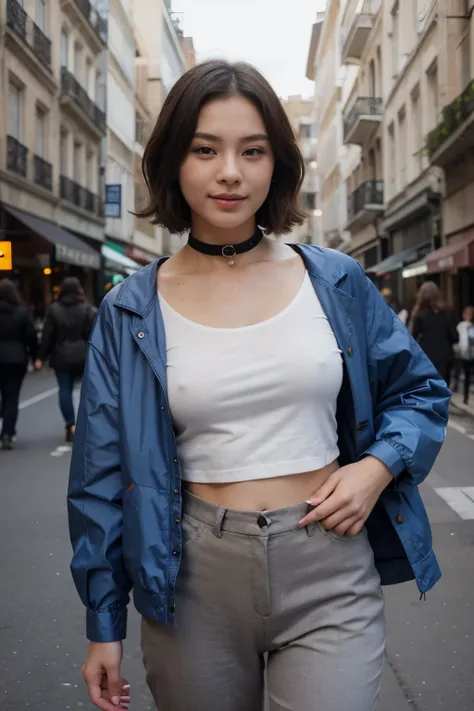 top-quality、​masterpiece、超A high resolution、(realisitic:1.4)、Beautuful Women１、Beautiful detail eyes and skin、smile、Light brown short-cut hair, She is Wearing a blue blouse,  gorgeous chinese model, photo of slim girl model, IG-Modell, beautiful female mode...