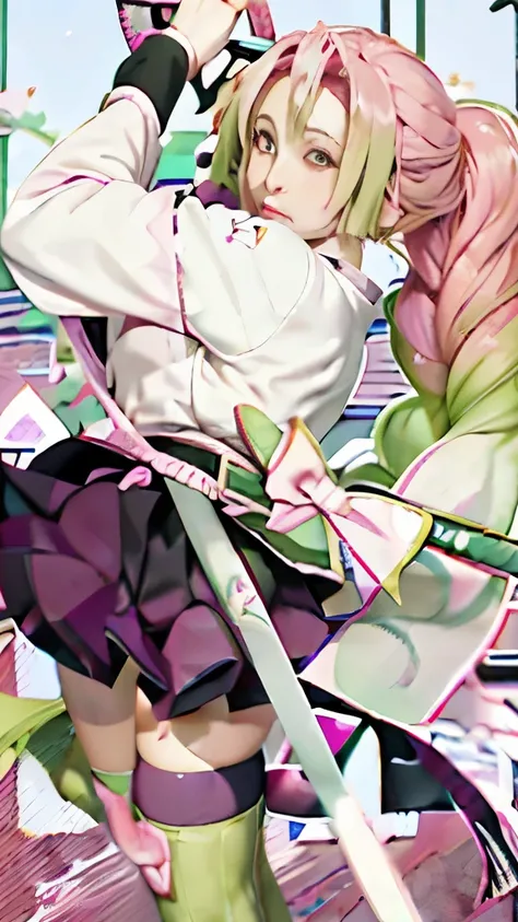 anime girl in a pink wig and green stockings holding a sword, sakura haruno in slug sage mode, shirabii, haruno sakura, inspired by Nishikawa Sukenobu, draped in pink and green robes, anime cover, madoka kaname, illustrious makinami, digital art from danga...