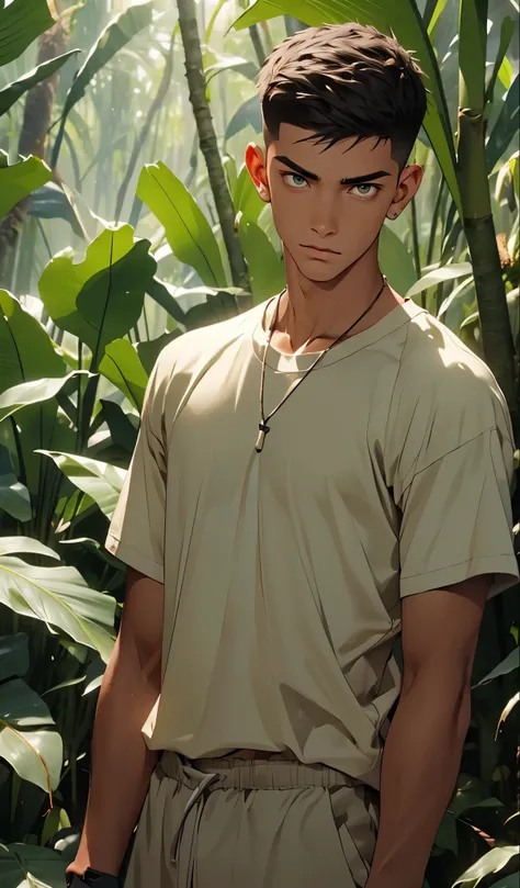 1 boy,tall and strong,perfect male figure, eyes looking at camera.(sports student), ((tanned skin)),Buzz cut,Bandage wrist guards，Feather necklace,serious expression, standing in forest,Rainforest,Ray tracing，glowing eyes