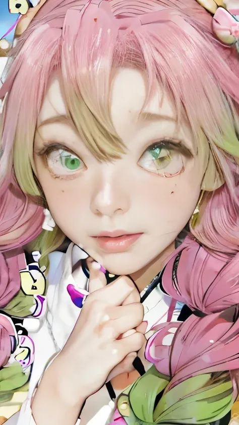 anime girl with pink hair and green eyes holding her hand to her face, illustrious makinami, pretty anime face, perfect anime face, cute anime face, extremely cute anime girl face, yami kawaii, cute natural anime face, haruno sakura, ahegao face, [[[[grinn...