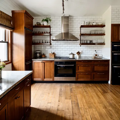 photo kitchen in vintage style with bricks on the wall. The furniture and cabine, designed in a classic style, along with the appliances