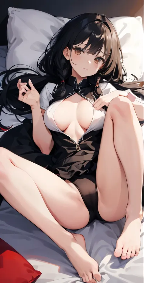 (actual, very high resolution: 1.3), 1 girl with perfect figure, The face shape and eyes are super thin, Shy, black hair, long hair, big breasts, Vest: 1.2 colors random, black top,  Everlasting , Lying in bed，spread legs，M leg type，Hold your legs with bot...