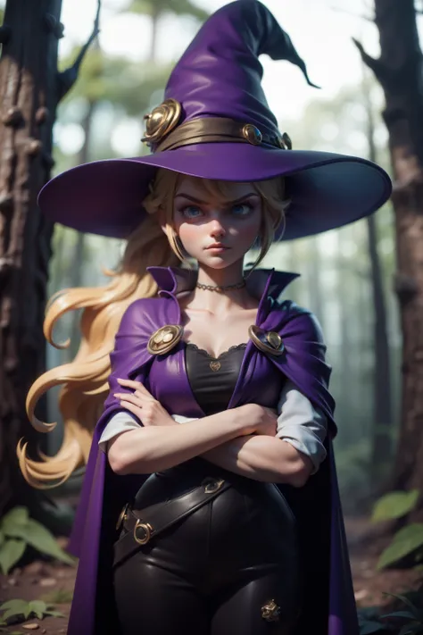 3dmm style, 3d,r3dg,(masterpiece),masterpiece, best quality, angry female witch in the forest with arms crossed wearing a blue pointy hat and blonde hair and a purple cape and blue cloak