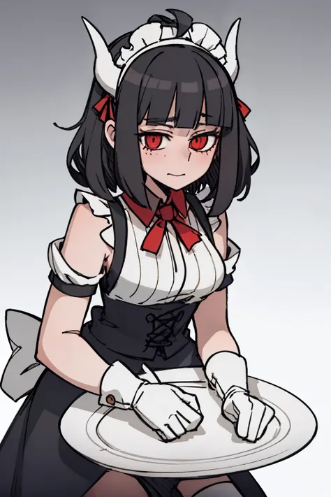 （（a woman，front，whole body）），maid outfit，black hair，There are white demon horns on the head，White background，Native American，feather