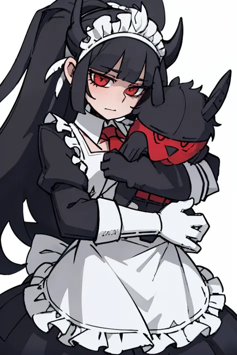 （（a woman，front，whole body）），maid outfit，black hair，There are white demon horns on the head，White background，Native American，feather