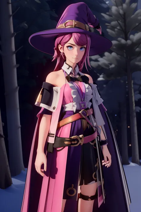 3dmm style, 3d,r3dg,(masterpiece),masterpiece, best quality, angry female witch in the forest with arms crossed wearing a blue pointy hat and pink hair and a purple cape and blue cloak