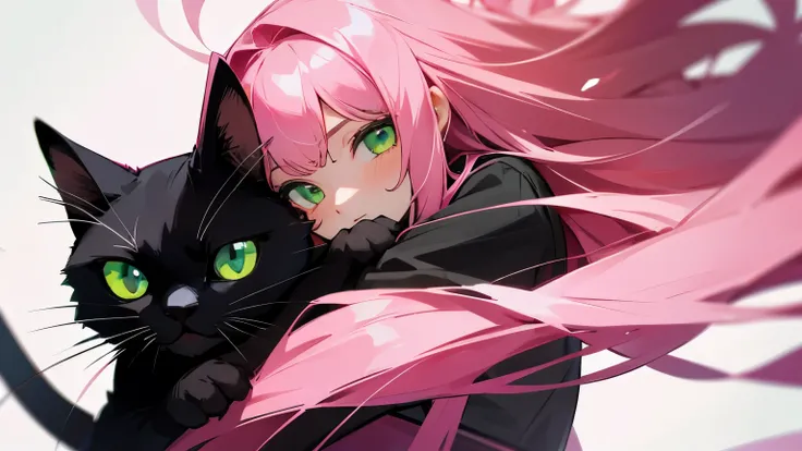  Girl with pink long hair, green eyes, hugs a black cat 