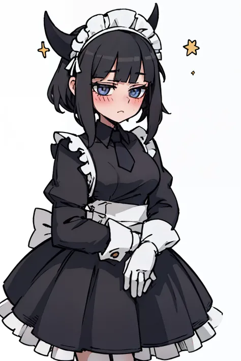 （（a woman，front，whole body）），maid outfit，black hair，White Devil Horn，White background，Native American，feather，blush，Star Eyes