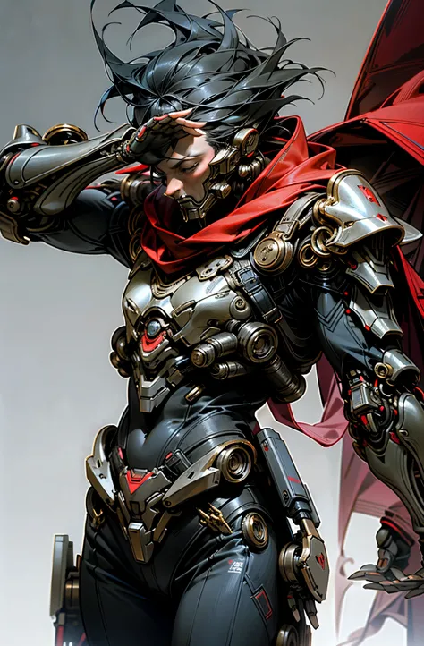 dark_fantasy,cyberpunk,1man Mechanical marvel,exist,Cybernetic General, Assassin Mechanical Armor, absolutely stunning art,Wearing a scarlet cloak, Art of the highest quality, highest resolution, Super detailed, scarlet background, futuristic, Assassin&#39...