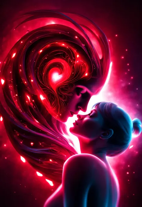 （Man giving woman huge glowing red heart），（There is a beautiful eye in the red heart：1.3）（Clear anatomy，A red heart beats in the center of the picture.：0.85），（Tom Hardy and Audrey Hepburn）（A man and a woman hugging each other face to face，share a huge hear...