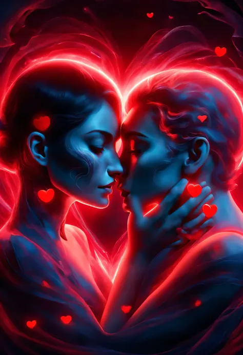 （Man giving woman huge glowing red heart），（There is a beautiful eye in the red heart：1.3）（Clear anatomy，A red heart beats in the center of the picture.：0.85），（Tom Hardy and Audrey Hepburn）（A man and a woman hugging each other face to face，share a huge hear...