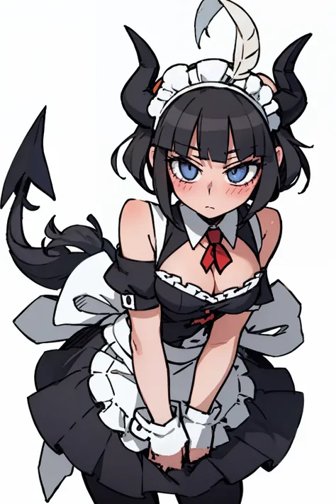 （（a woman，front，whole body）），maid outfit，black hair，White Devil Horn，White background，Native American，feather，blush，Star Eyes