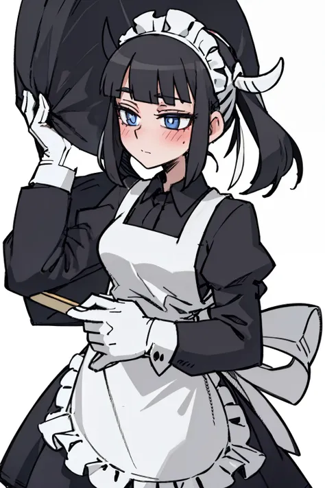 （（a woman，front，whole body）），maid outfit，black hair，White Devil Horn，White background，Native American，feather，blush，Star Eyes