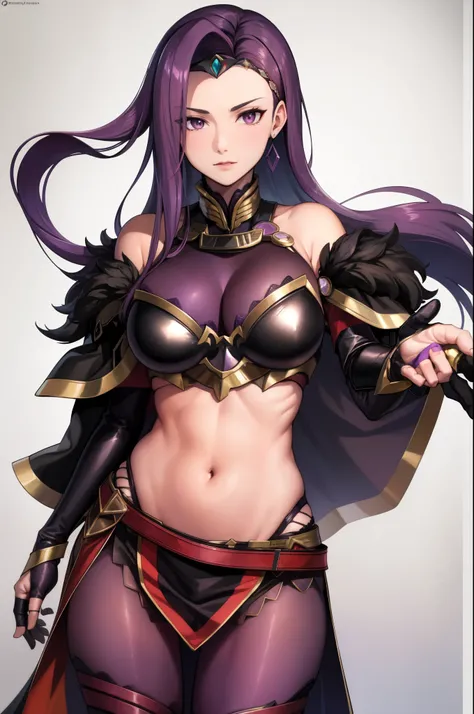 masterpiece, best quality, respSonya, circlet, black cape, feather trim, cleavage, bare shoulders, midriff, purple pantyhose