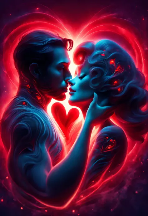 （Man giving woman huge glowing red heart），（There is a beautiful eye in the red heart：1.3）（Clear anatomy，A red heart beats in the center of the picture.：0.85），（Tom Hardy and Audrey Hepburn）（A man and a woman hugging each other face to face，share a huge hear...