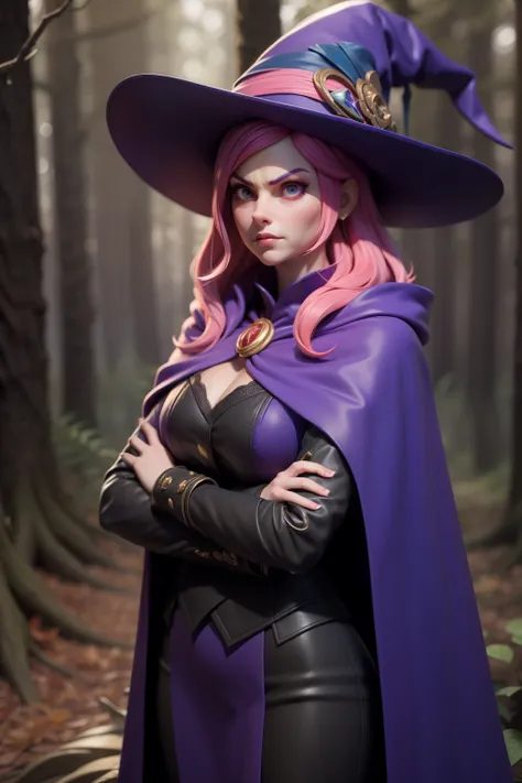 3dmm style, 3d,r3dg,(masterpiece),masterpiece, best quality, angry female witch in the forest with arms crossed wearing a blue pointy hat and pink hair and a purple cape and blue cloak