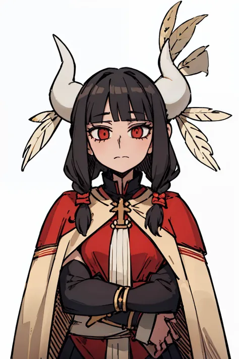 （（a woman，front，whole body）），cloak，black hair，White Devil Horn，White background，Native American，feather