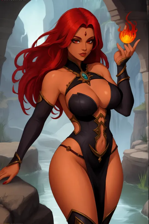 Fantasy Female sorceress, fiery red hair, latina, dark skin