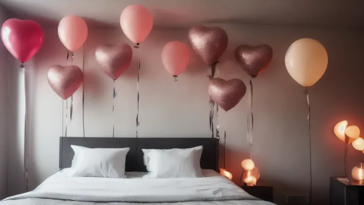 hyper ultra realistic photographs full body of Drape fairy lights or twinkle lights from the ceiling, creating a soft glow like starlight. Hang metallic or glittery heart balloons of different sizes from the lights, adding a touch of whimsy. Scatter rose p...