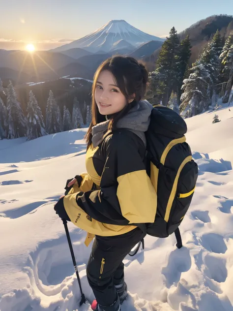 (yellow and black theme:1.4), 8k, best quality, masterpiece, realistic, ultra detail, photo realistic, Increase quality, 
girl , standing top of snow mountain, (from below:1.3), Open legs, colourful bikini, Big mountain backpack, (Plump breast), blushed fa...