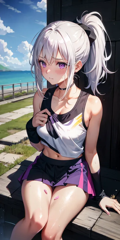 actual, 1 girl, ponytail, harelip, blush, cosmetic, faint smile, white hair, sportswear, skirt, wet clothes, glowing hair, thigh, purple eyes, bare shoulders, clavicle, Willow Yao, Sunlight, Sunlight, Rose, wind, split, (masterpiece), Sweat, poop