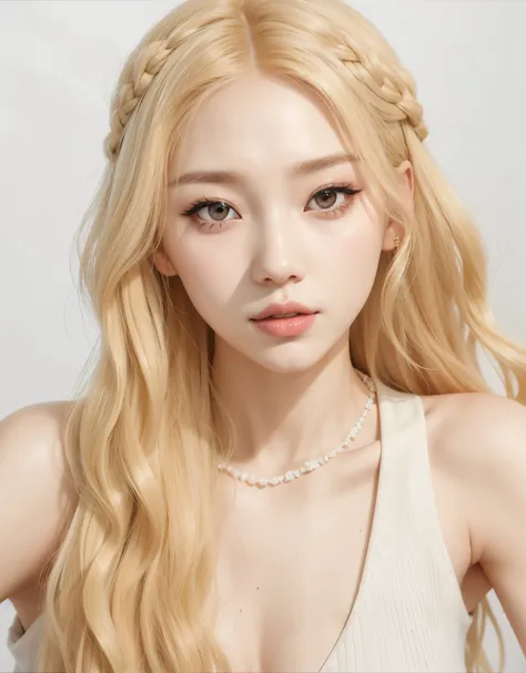 a close up of a woman with long blonde hair wearing a white dress, popular korean makeup, popular south korean makeup, roseanne park of blackpink, ulzzang, jinyoung shin, pale porcelain white skin, portrait of jossi of blackpink, jaeyeon nam, pale skin cur...