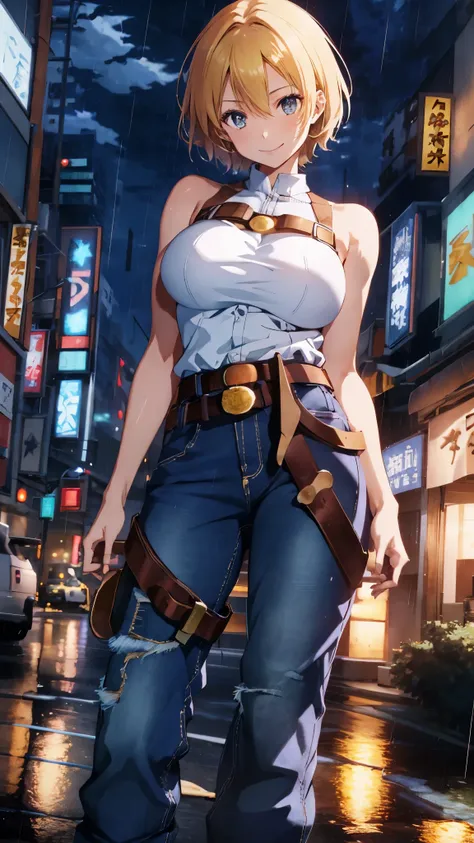 mary， best quality,(beauty), 1 girl,short hair，Smile，big breasts，Physically based rendering ,ultra high definition,(cowboy shooting:1.5),Willow Yao, skinny, Leona MS ,muscular,long legs,jeans,belt,belt,(rainy city), shiny skin, for the audience,