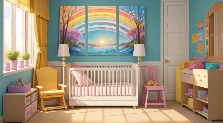 Design an enchanting image for a Nursery School Wall Art project, capturing the essence of a vibrant and child-friendly atmosphere. Infuse the image with playful elements, adorable characters, and cheerful colors. Showcase diversity in the artwork, emphasi...