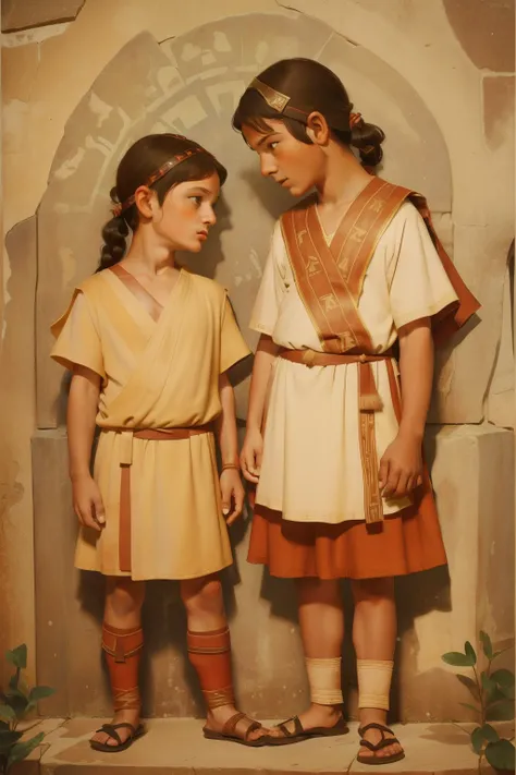 Rome, 77 BC. A little ((((9-year-old)) Julius Caesar)), with his friend 9-year-old Titus Labienus, standing in formation, Campus Martius, ((serious expression)). ((((roman clothings from the 1st century BC)))) ((ancient rome hairstyle))