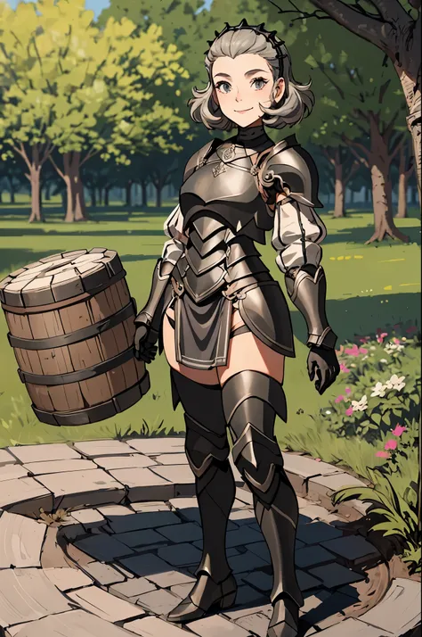 masterpiece, best quality, feSophie, hairband, armor, black gloves, thighhighs, white pelvic curtain, armored boots, standing, whole body, barrels, tree, field, crates, looking at viewer, smile, closed mouth 