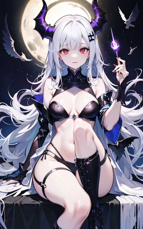 pale skin，dark风，wearing leg rings，long white hair，black eye shadow，red eyes，Abstinence，dark，goat horn，sickle，grim Reaper，sitting，succubus
