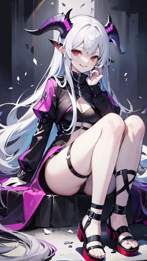 pale skin，dark风，wearing leg rings，long white hair，black eye shadow，red eyes，Abstinence，dark，goat horn，sickle，grim Reaper，sitting，succubus，Open the legs，Smile，Sticking out tongue
