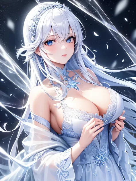 (best quality,4k,8k,highres,masterpiece:1.2),ultra-detailed,realistic,photorealistic:1.37,winter,fantasy,portrait,digital painting,blue tones,soft lighting,sparkling snow,ethereal atmosphere,delicate snowflakes,fairytale,beautiful detailed eyes,beautiful d...