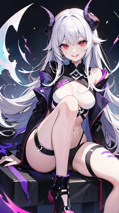 pale skin，dark风，wearing leg rings，long white hair，black eye shadow，red eyes，Abstinence，dark，goat horn，sickle，grim Reaper，sitting，succubus，Open the legs，Smile，Sticking out tongue，Battle damage，Broken clothes
