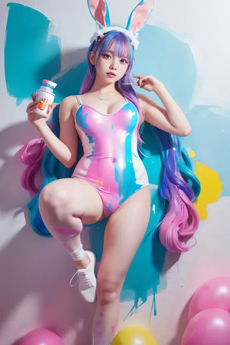 bunny girl covered in paint、Paint-covered leotard bunny suit、Full body Esbian、、 colorful hair、