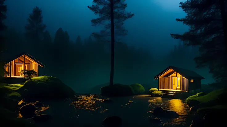 very heavy rain inside the cozy attic of a hut in the misty forest at night, visible waterfall, big river