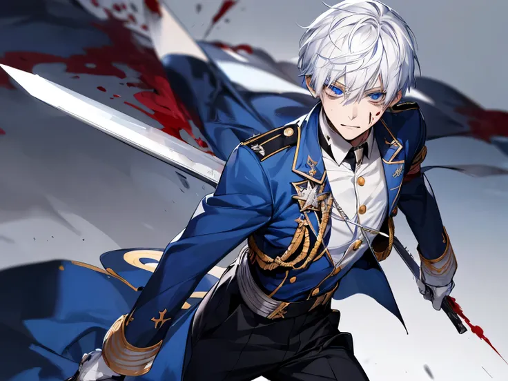 young male teenager, blue eyes, short white hair, uniform, academy, gore, combat, weapon, covered in blood, staring boredly