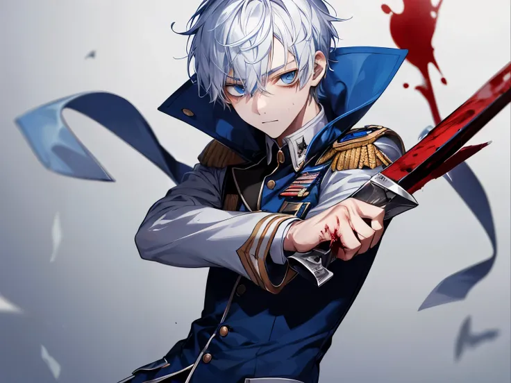 young male teenager, blue eyes, short white hair, uniform, academy, gore, combat, weapon, covered in blood, staring boredly