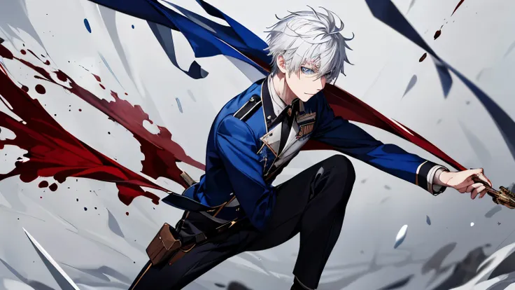 young male teenager, blue eyes, short white hair, uniform, academy, gore, combat, weapon, covered in blood, staring boredly